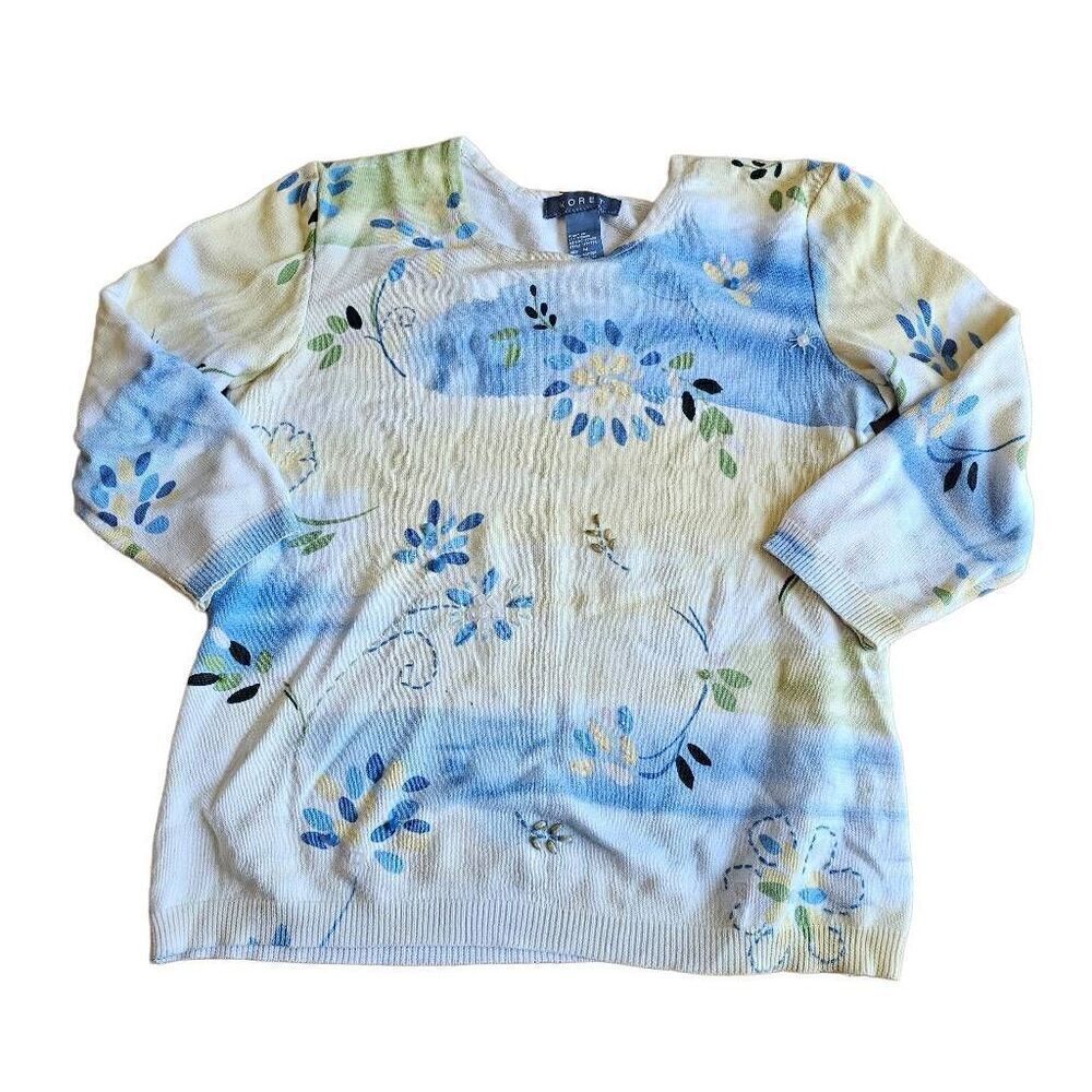 Koret womens Sz M yellow blue floral beaded sweater